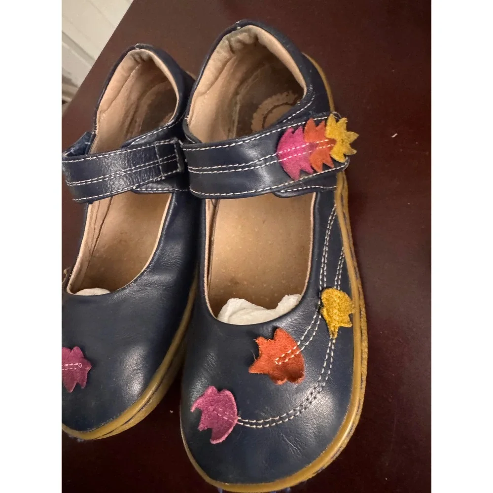 Livie & Luca Kids Size 13 Navy Leather Leaf Mary Jane Shoes Fall EUC